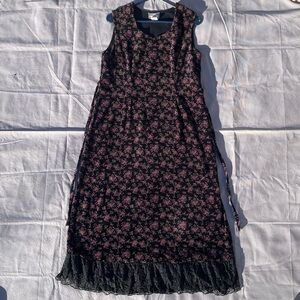 April Cornell -Sz S Black Velveteen Small Floral Print black Lace Bottom Dress